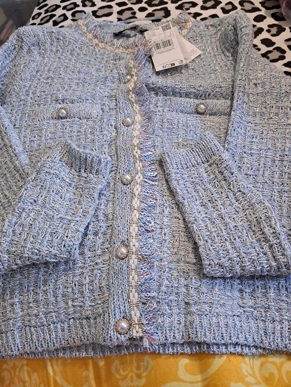 MNG Mango Light Blue Tweed Knit Cardigan Pearl Buttons Sparkly Bouclé Jacket. M